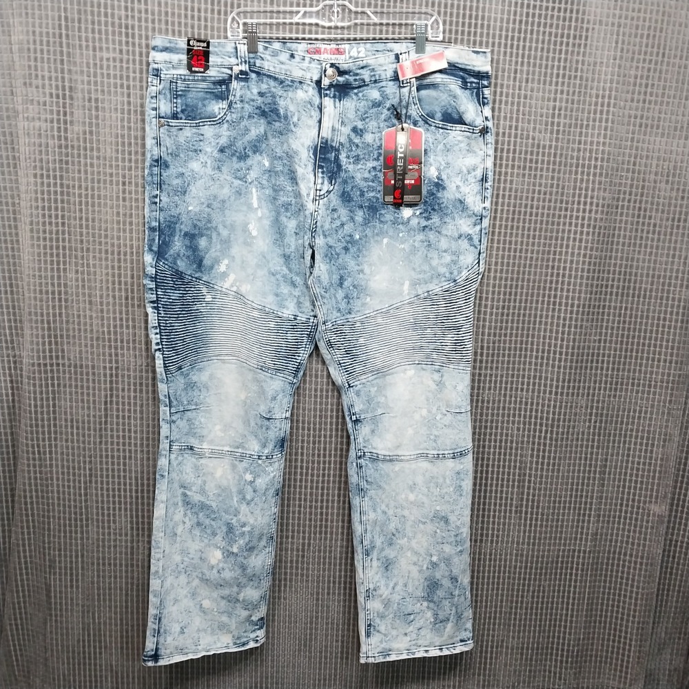 Chams Mens Moto Jeans Acid Wash Paint Splatter Stretch 42 Blue